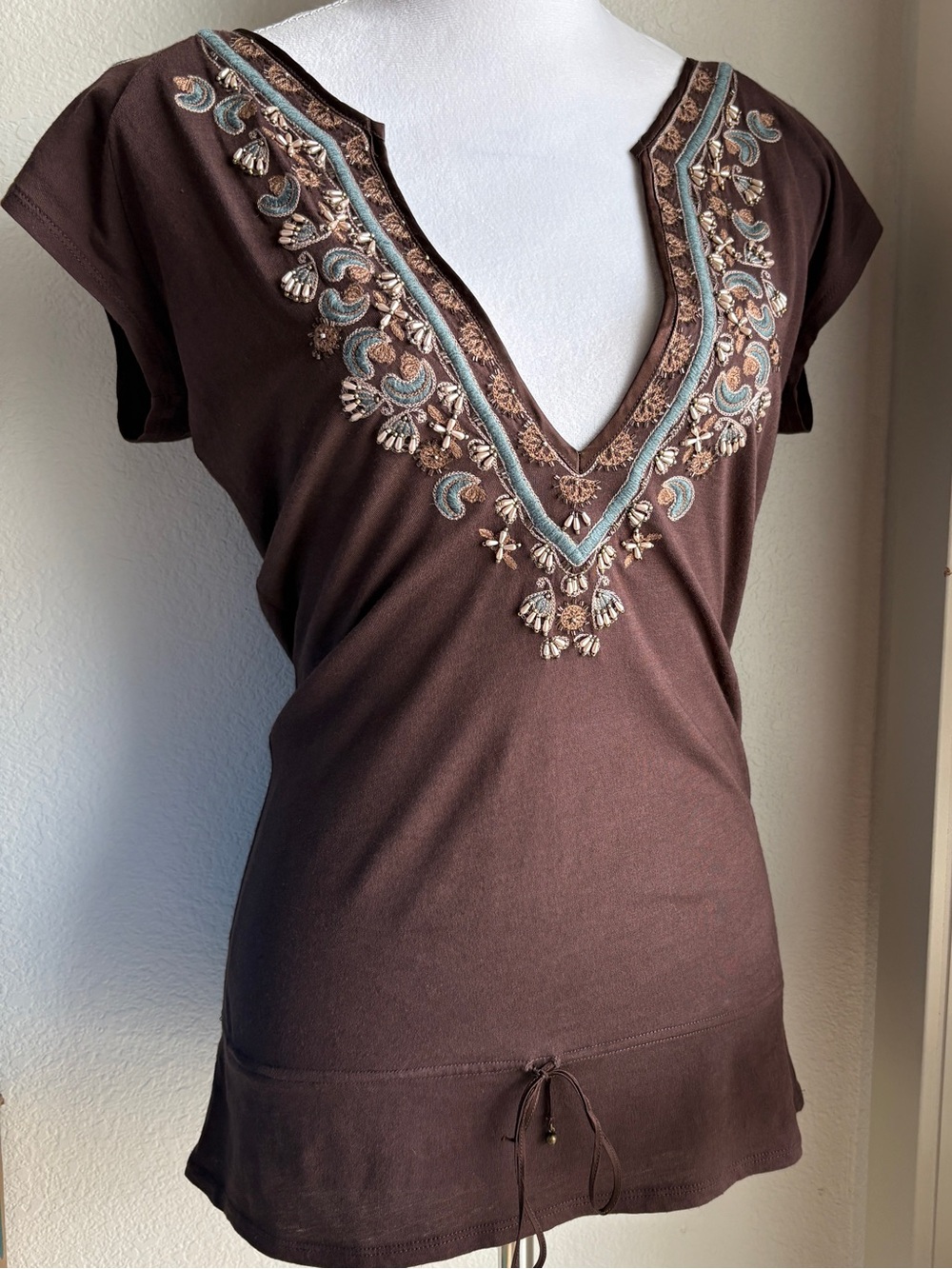 Y2K Ezra Fitch Abercrombie & Fitch Brown Cotton Embroidered Beaded Tunic Top L